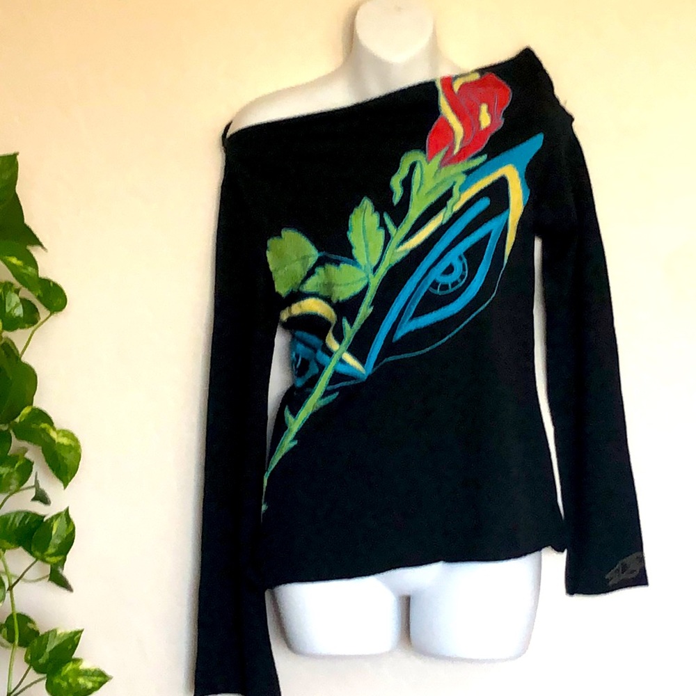 NWT Till The End Off One Shoulder Embroidered Long Sleeve Top Sz M